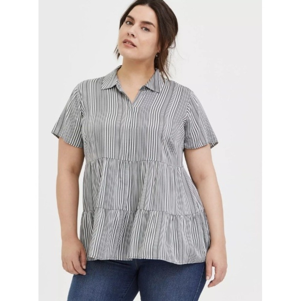 Torrid Shirt Tunic Plus Size 2X Grey Striped Twill Button Front Tiered Babydoll